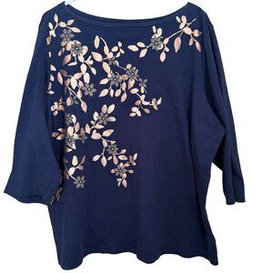 Karen Scott Metallic Floral Top Plus 2X Blue 3/4 Sleeve Boat Neck Coastal Office